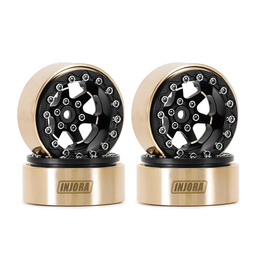 INJORA 1.3-inch beadlock wheel front view shows aggressive stance for RC crawlers.