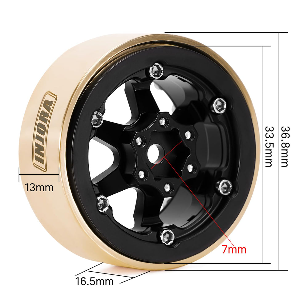 INJORA 1.3-inch beadlock wheel top view reveals compact, precise fit for tight spaces.