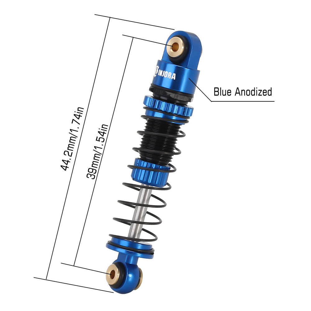 INJORA 39mm shocks with threaded design enable quick tuning on Axial SCX24, blue.