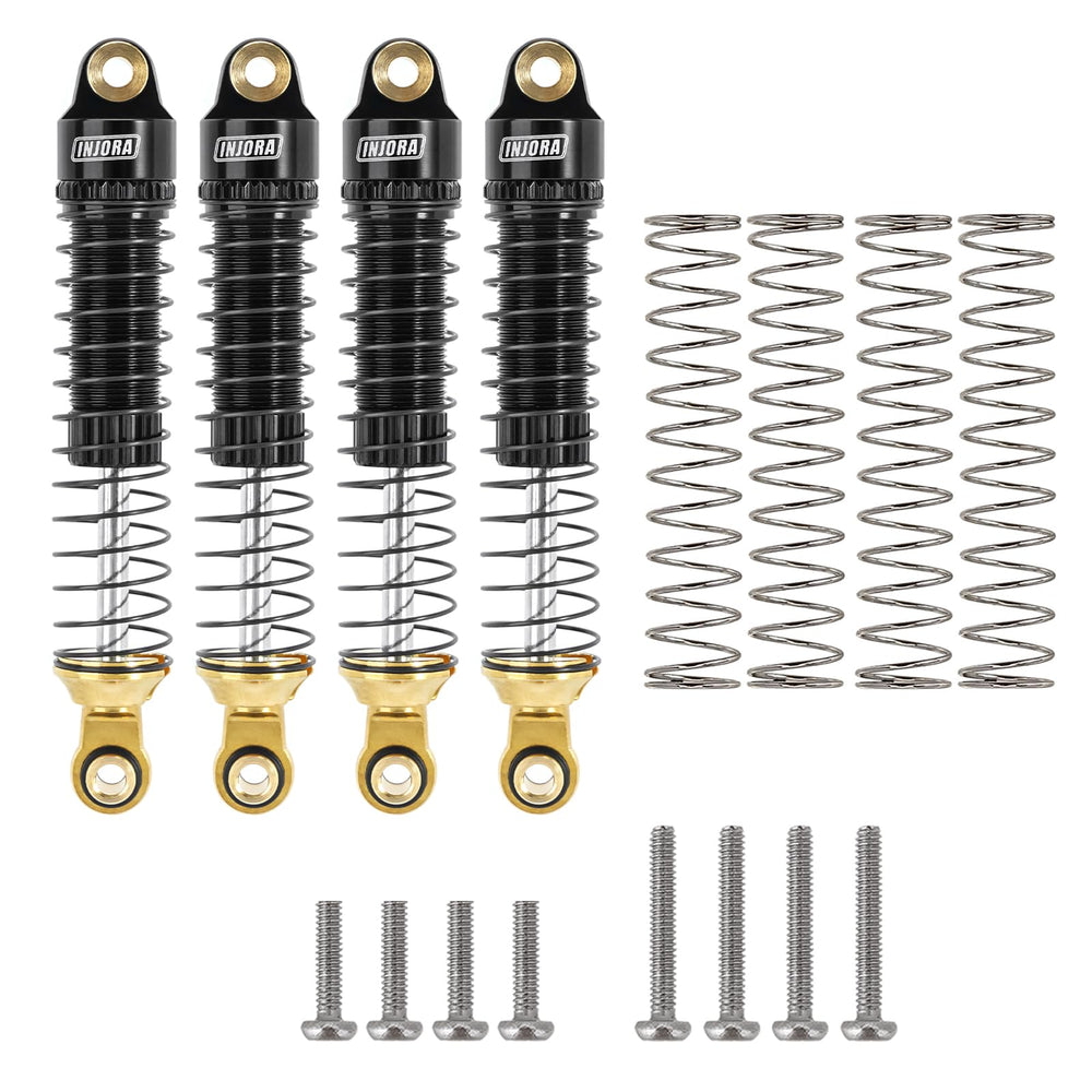 INJORA 59mm shocks front view with threaded bodies for quick preload tuning.