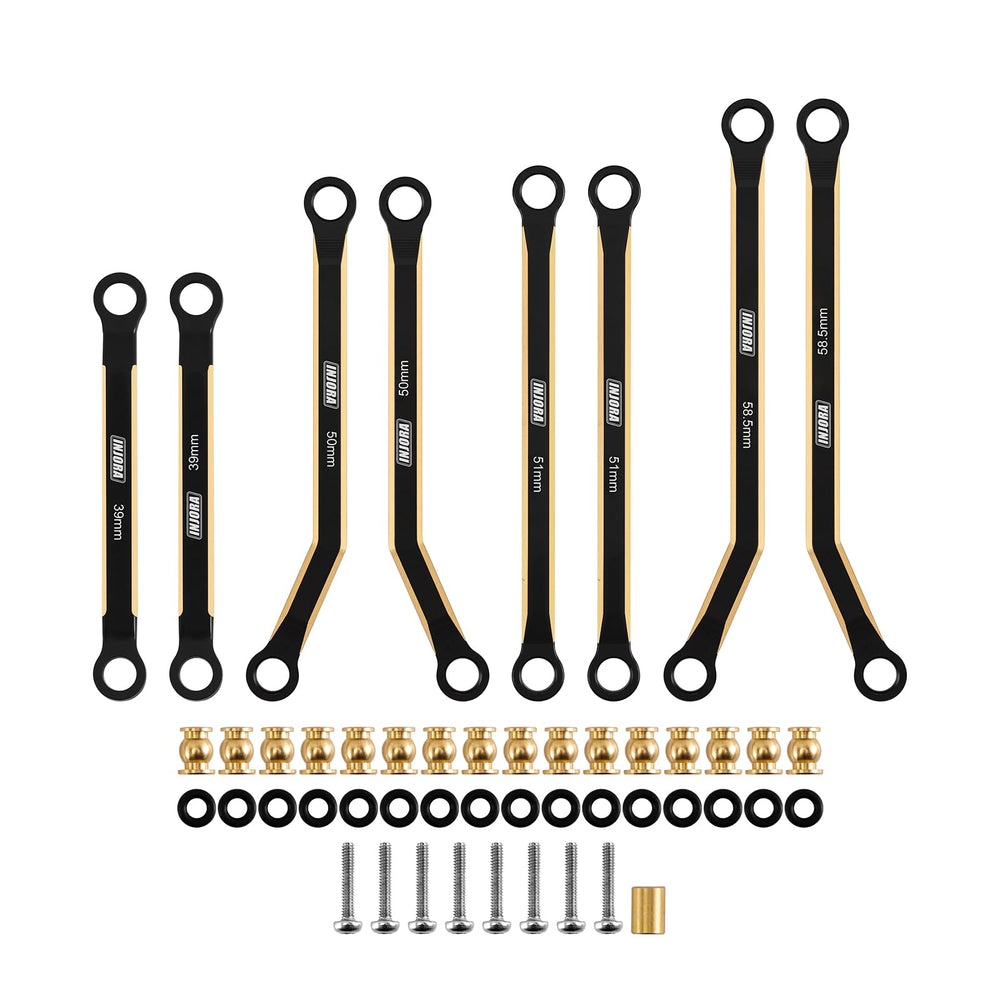 INJORA brass 4-links close-up highlights heavy build for added stability.