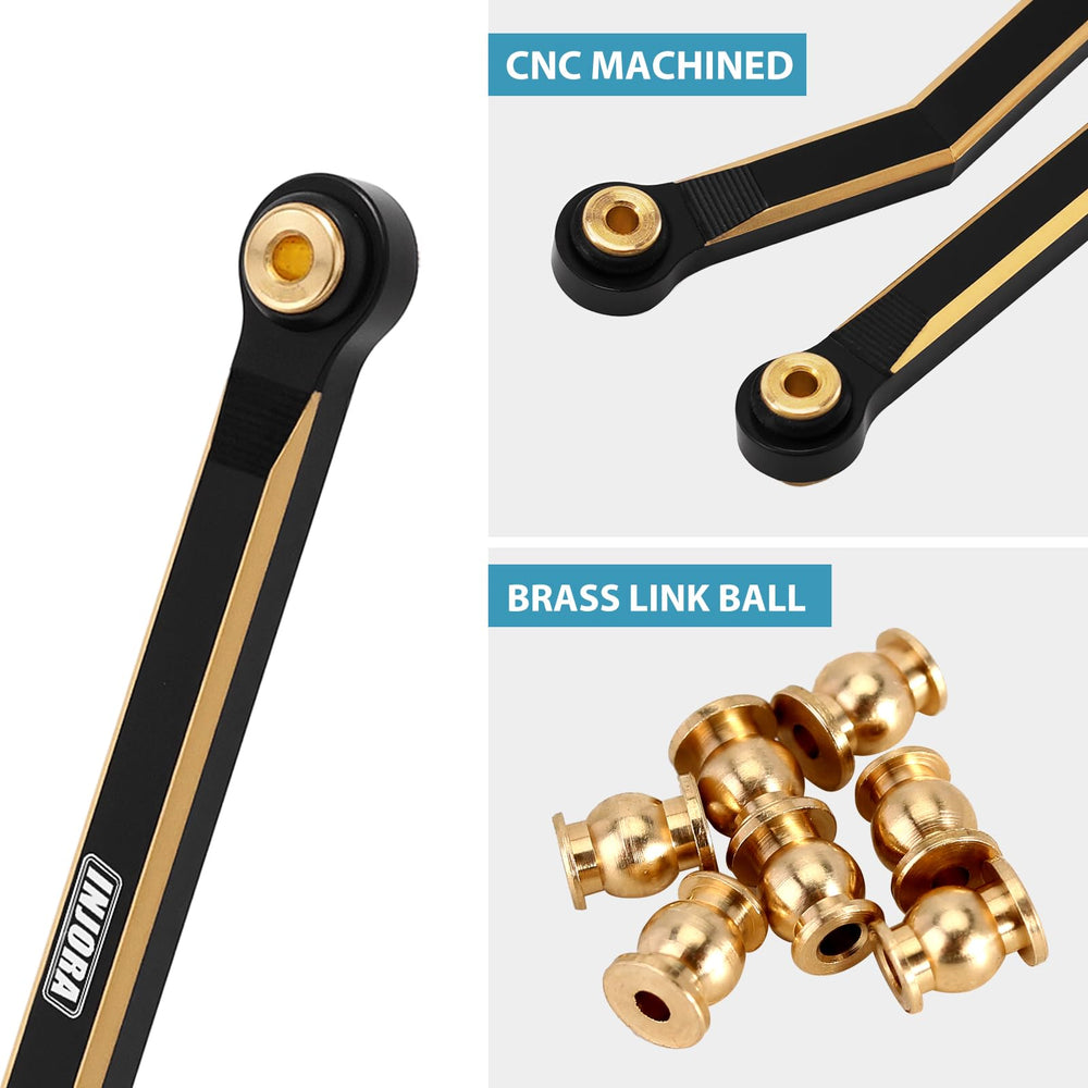 INJORA brass driveshaft clearance prevents rubbing during steep climbs.
