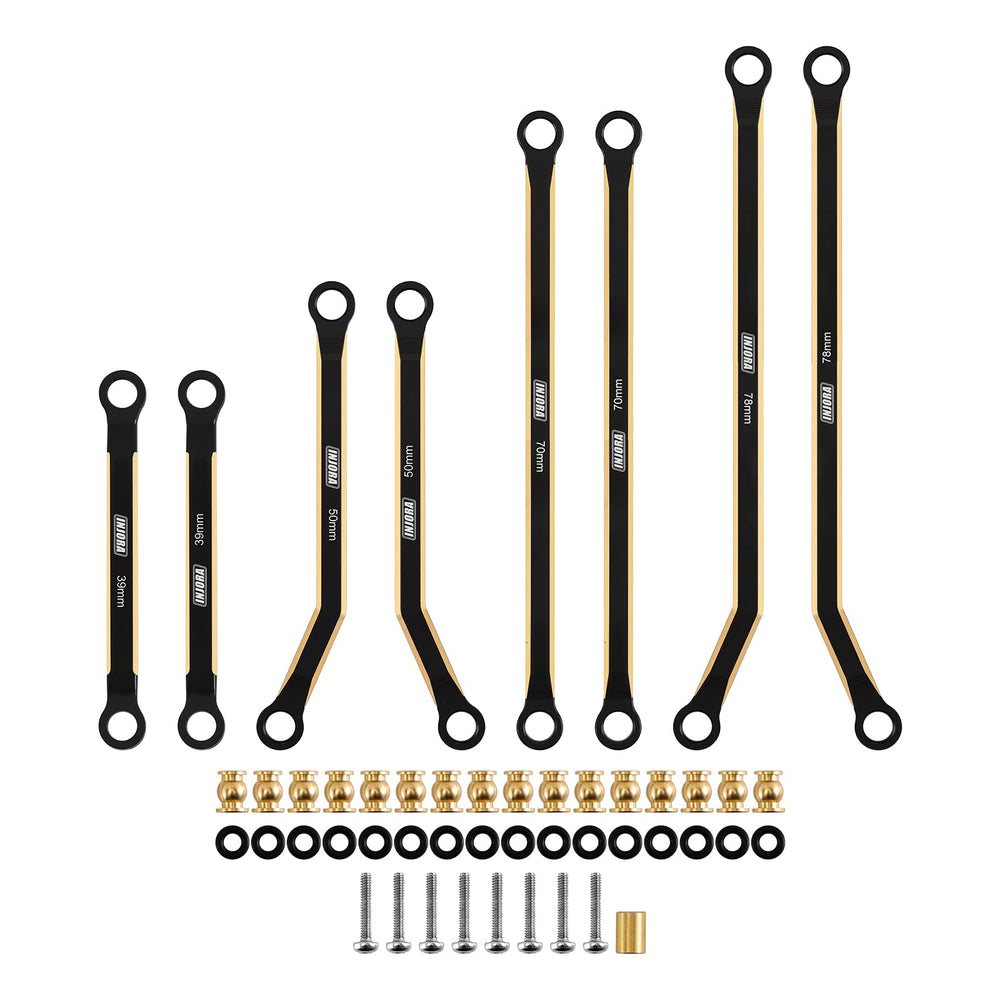 INJORA brass front 4-links assembly close-up shows CNC precision.