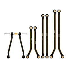 INJORA brass high clearance front 4-links on SCX24 Gladiator improve stability.