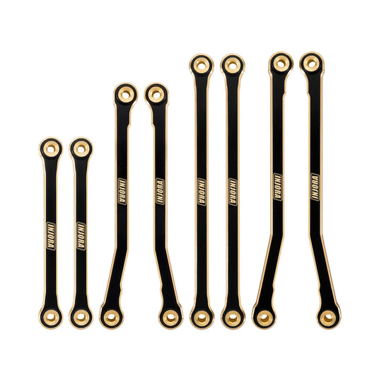 INJORA brass links with black coating in close-up, precision CNC for durability.