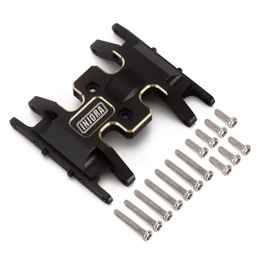 INJORA brass skid plate closeup with durable brass finish for 1/24 crawlers.