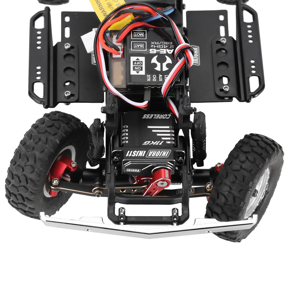 INJORA red servo upgrade for Bronco and JLU crawler demonstrates enhanced control.