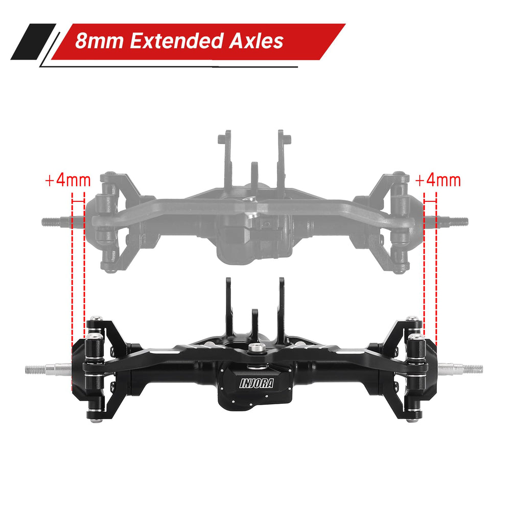 INJORA CNC machined black anodized axles emphasizing precision