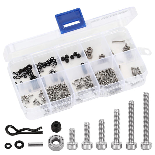 INJORA stainless steel screws set in a compact RC box for storage.