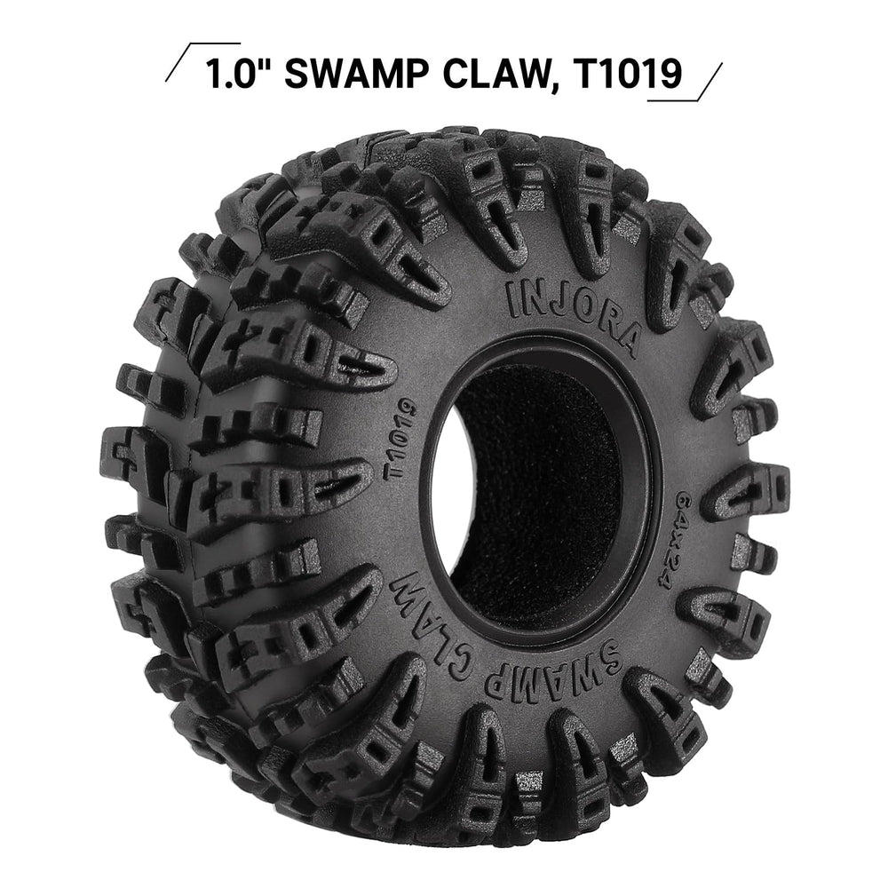 INJORA Swamp Claw 1.0 tread pattern optimizing grip on uneven terrain.