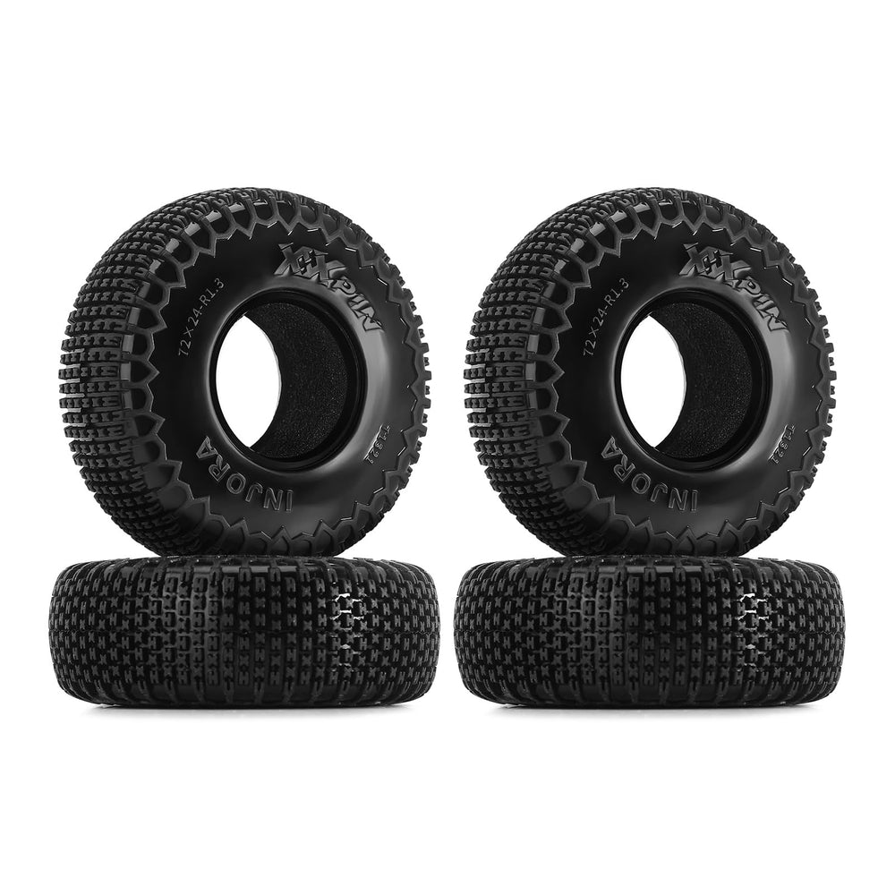 INJORA tire on 1.3-inch wheels shows aggressive tread for rock crawling control.