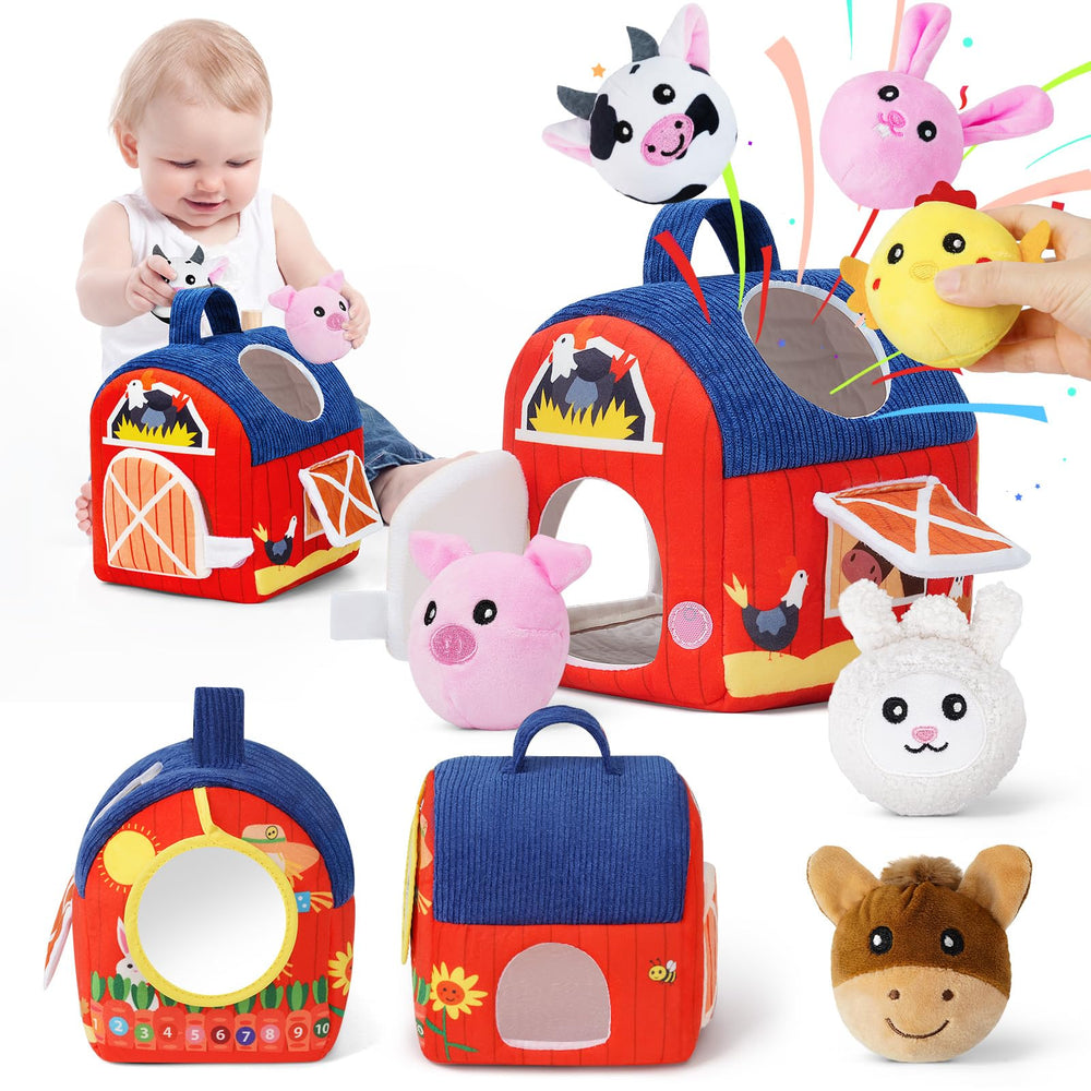INNOSKY soft barn baby toys farm set with plush animals for tactile discovery and motor play.