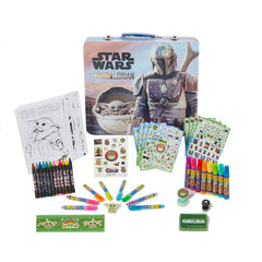 Innovative Designs Mandalorian deluxe activity set tin with Grogu and bounty hunter, ideal travel art storage.