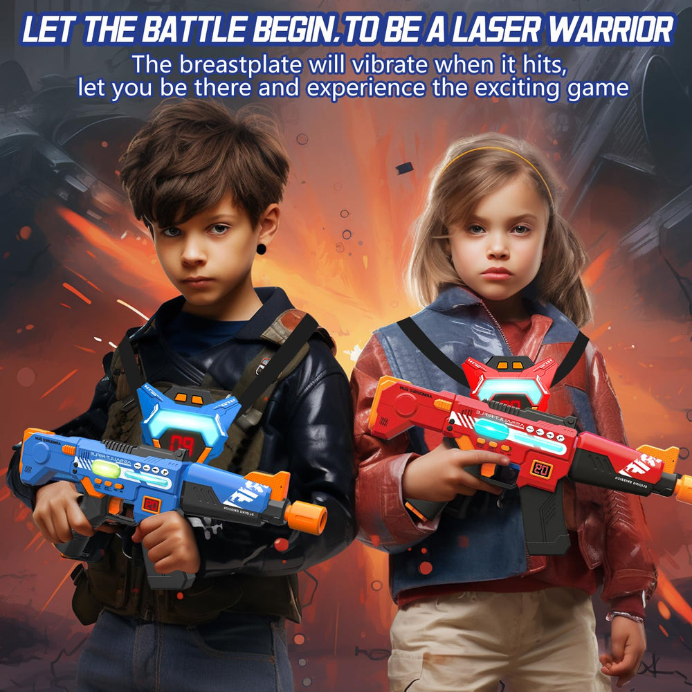 Inodoo laser tag guns 2-pack demonstrating long-range indoor/outdoor play capabilities.