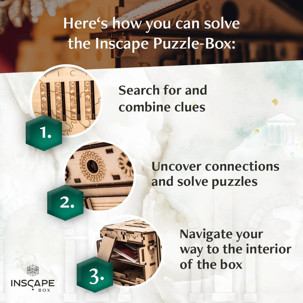 INSCAPE Caesar's Riches Puzzle Box hand-assembled wood highlights tactile puzzle solving