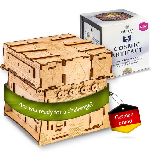 INSCAPE Cosmic Artifact Puzzle Box front view showcasing premium craftsmanship and tactile wood finish.