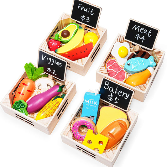 Inslat food groups wooden play set with four crates supports sorting and imaginative pretend meals