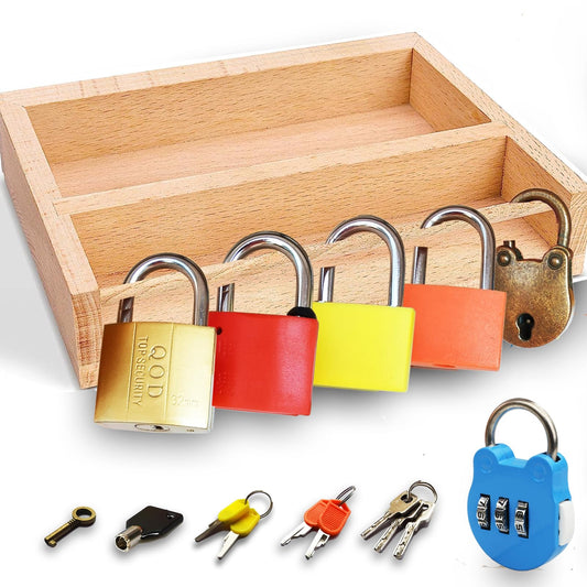 Inslat Montessori lock and key set on wooden tray close-up, encouraging fine motor exploration.