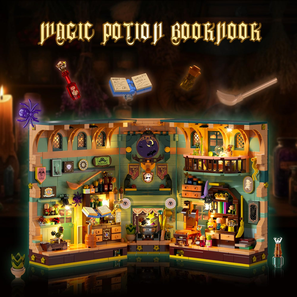 INSOON Magic Potion Book Nook bubbling cauldron and herbs glow in warm light.