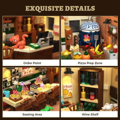 INSOON City Street Pizza Building Set dining area with pizza and flowers creates cozy restaurant ambiance
