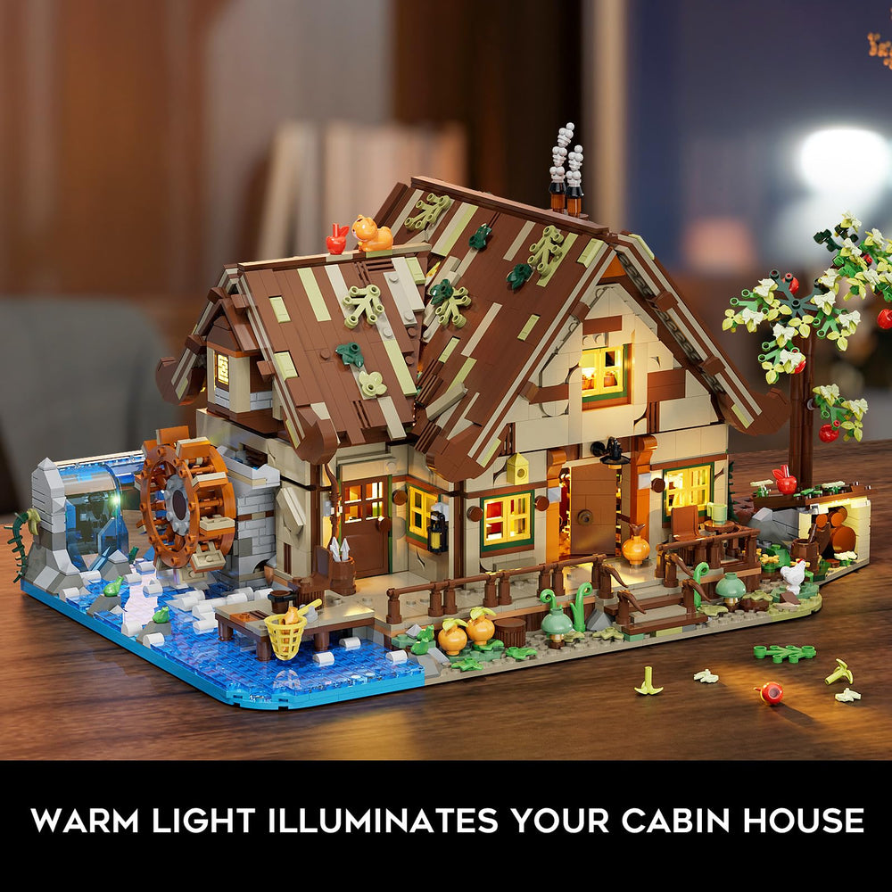 INSOON Wood Cabin Building Set cat on roof adds whimsy to play