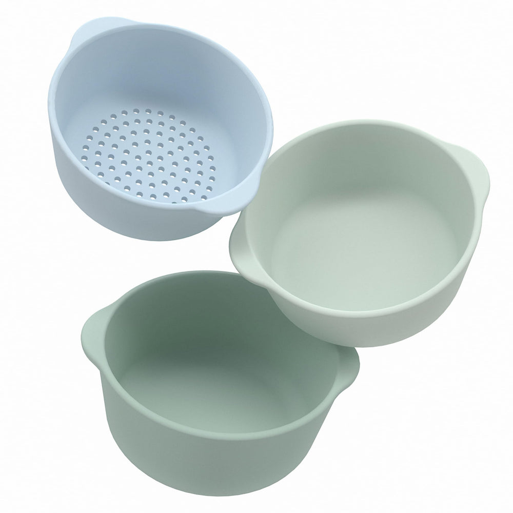 Inspire My Play nesting bowls and sieve green-set, ideal for organized sensory play.