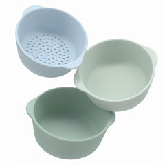 Inspire My Play nesting bowls and sieve green-set, ideal for organized sensory play.