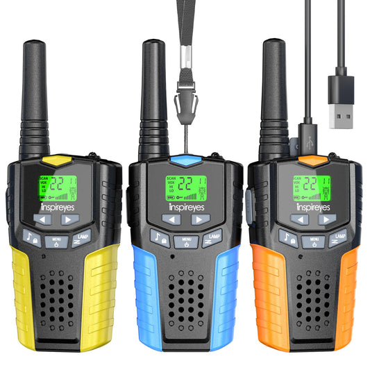 Inspireyes kids walkie talkies rechargeables in a 3-pack for family play.