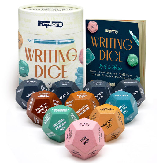 Insplore 12-sided writing dice prompts in vivid colors to spark character ideas.
