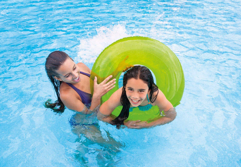 Intex swim tubes in use with a child for buoyant pool fun