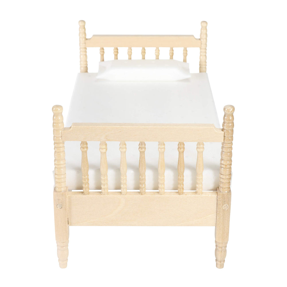 Inusitus dollhouse bed wood frame showcases carved details for lifelike miniature bedrooms.