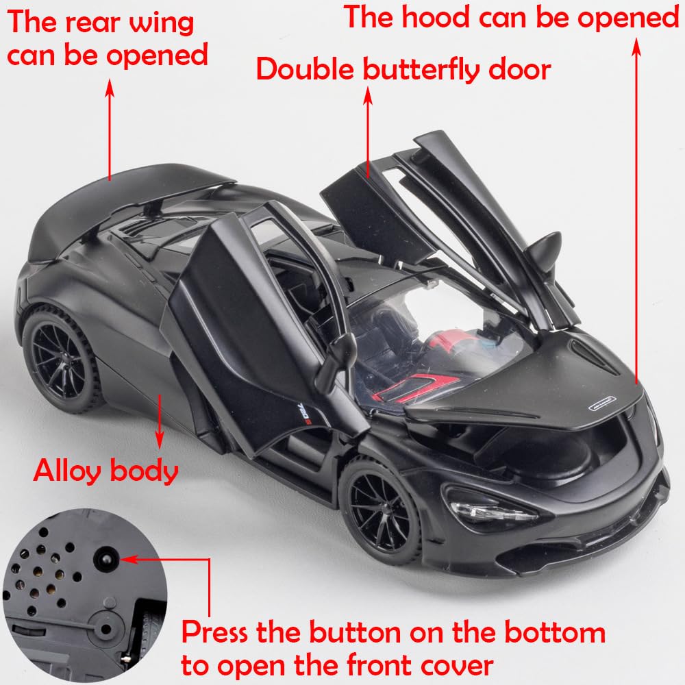 The iPariser alloy McLaren 720S shows butterfly doors opened for dramatic shelf display.