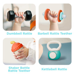 iPlay teether straw rattle provides varied textures to ease teething discomfort.