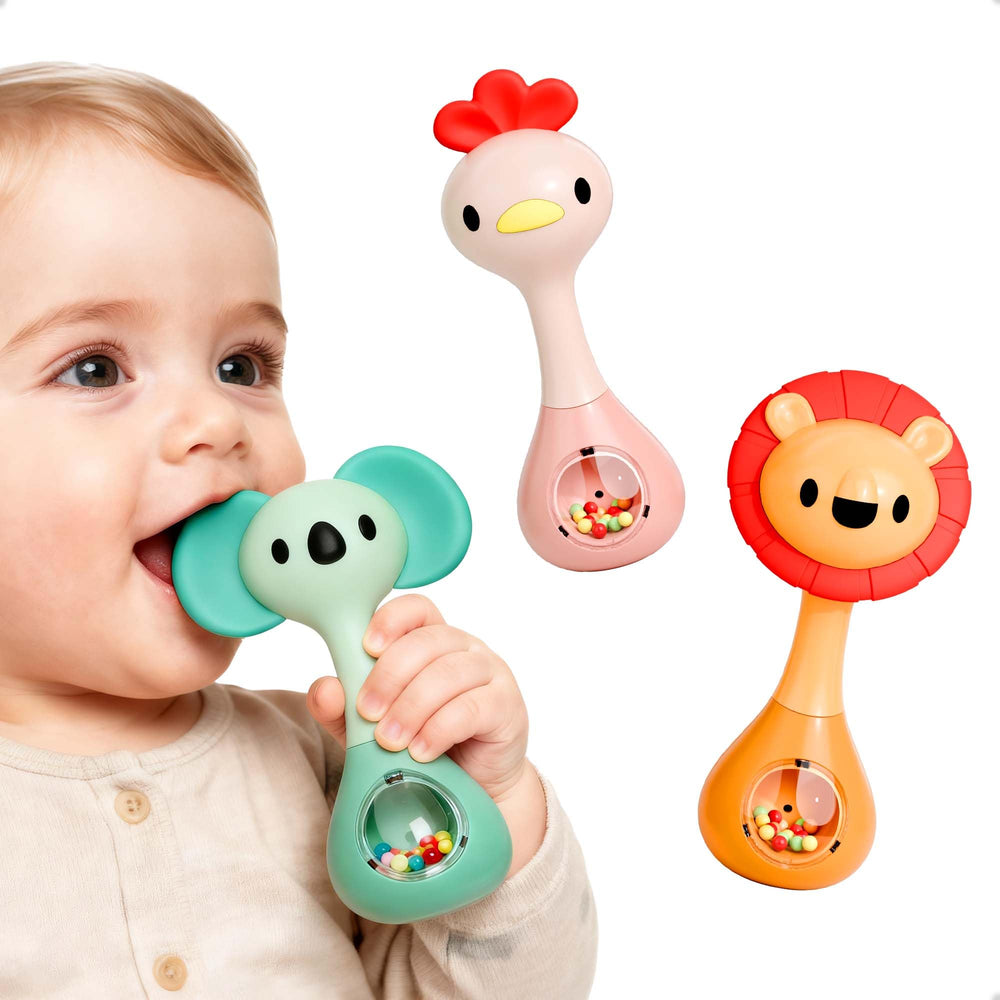 iPlay iLearn baby shaker with beads shakes to encourage auditory exploration