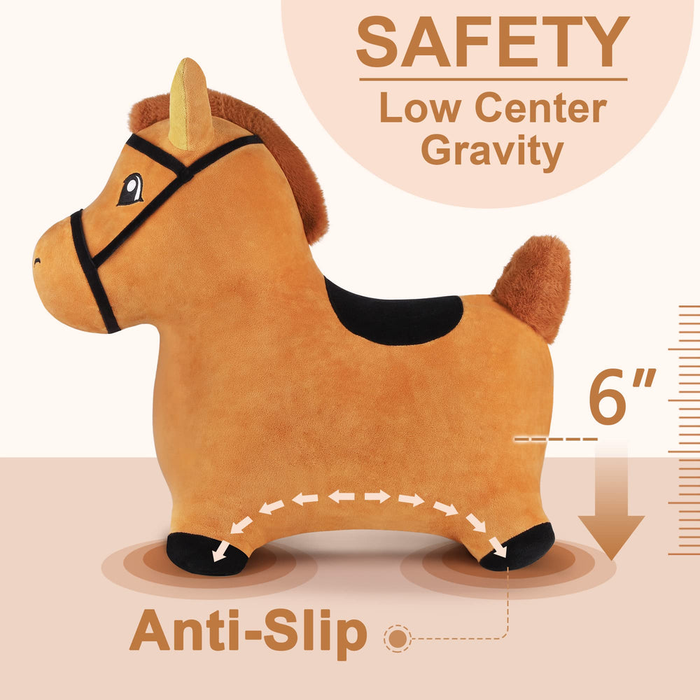 iPlay iLearn Bouncy Pals brown hopping horse washable cover for easy cleaning.