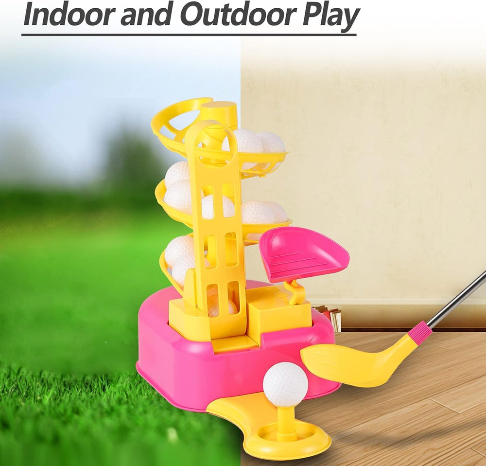 iPlay iLearn girls pink golf set in use for indoor and outdoor play.