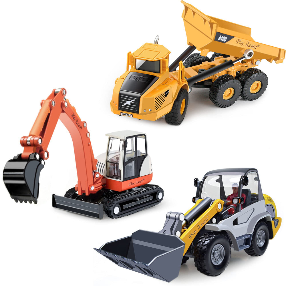 iPlay iLearn metal dump truck for durable outdoor sandbox play and unloading practice.