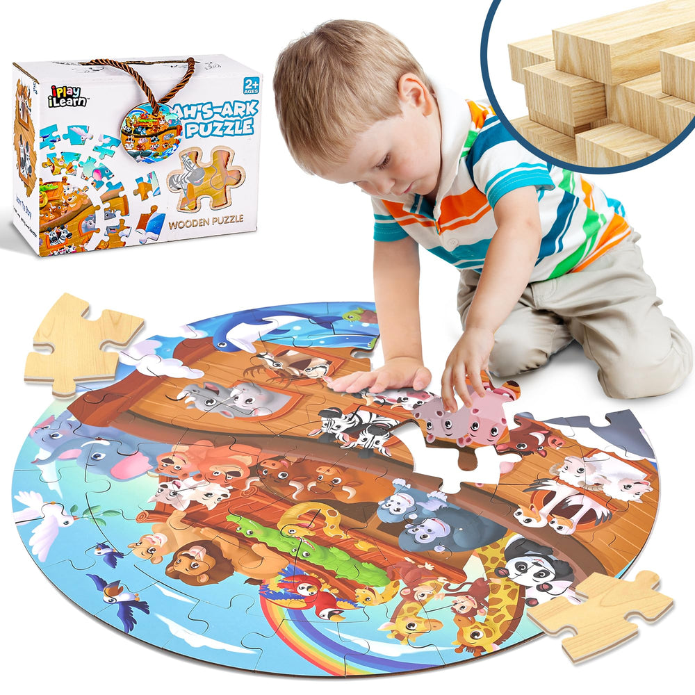 iPlay iLearn Noah's Ark wooden puzzle with animals for imaginative play and fine motor skills