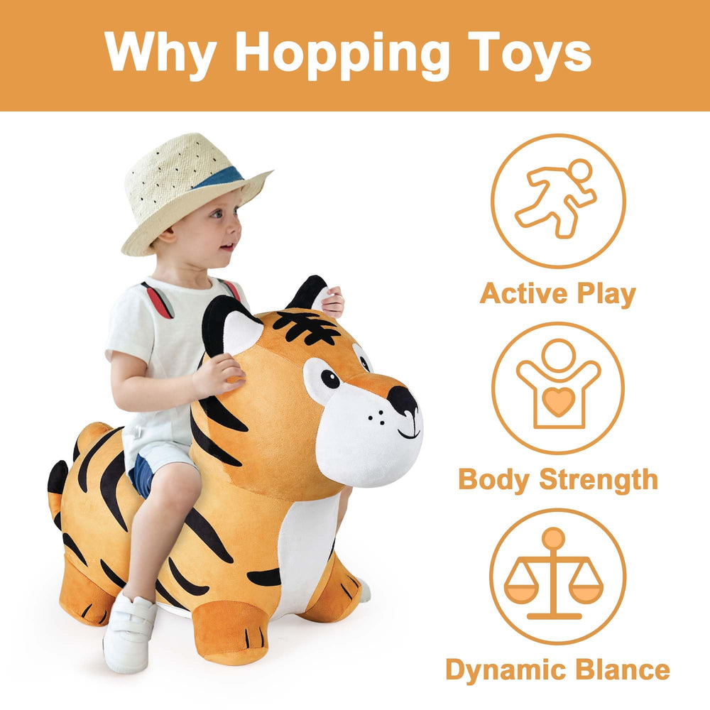 iPlay iLearn plush ride-on tiger offers soft texture for gentle play.