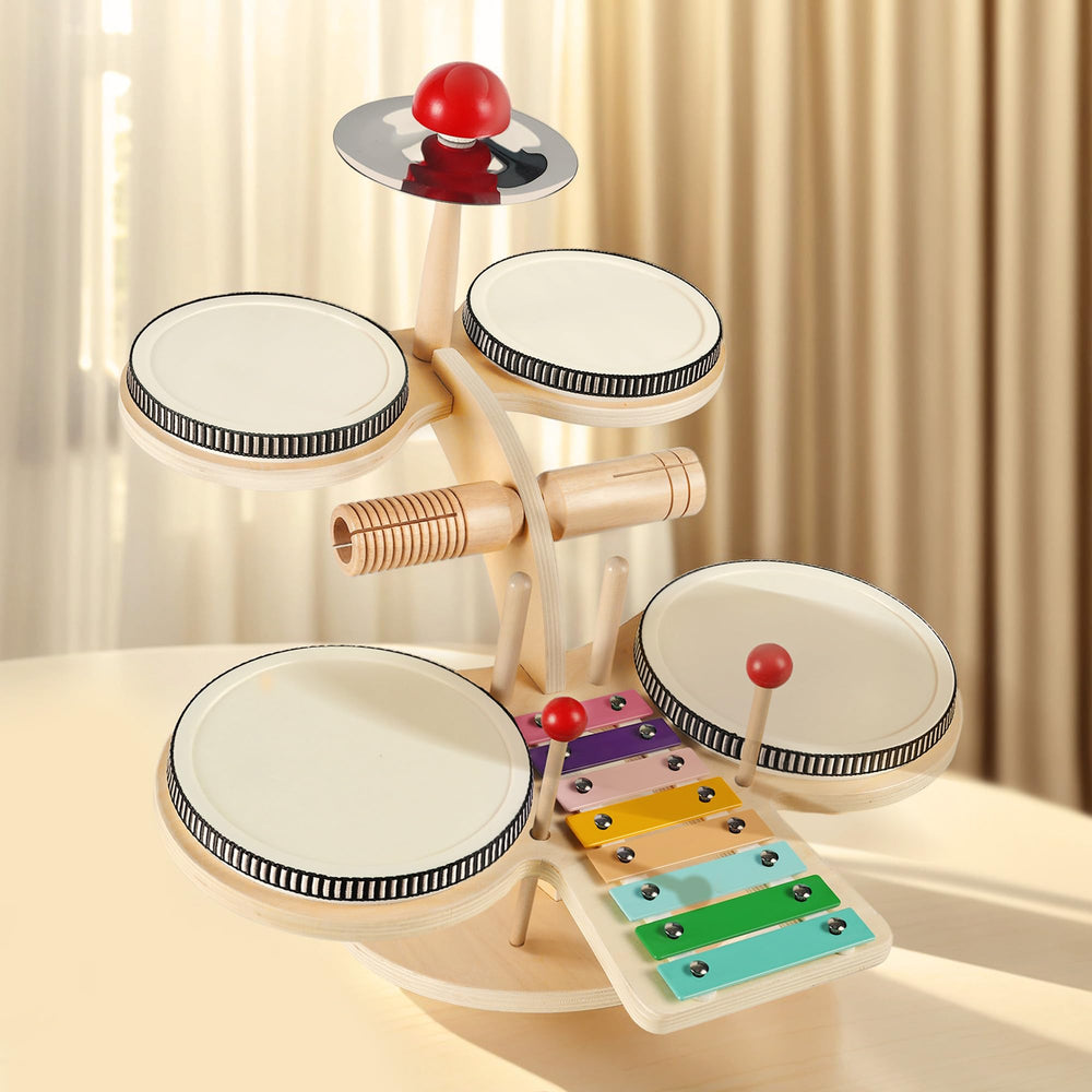 iPlay iLearn toddler wooden drum set full view for collaborative musical play.