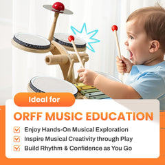 iPlay iLearn wooden drum set side panel highlighting sturdy stability for safe play.