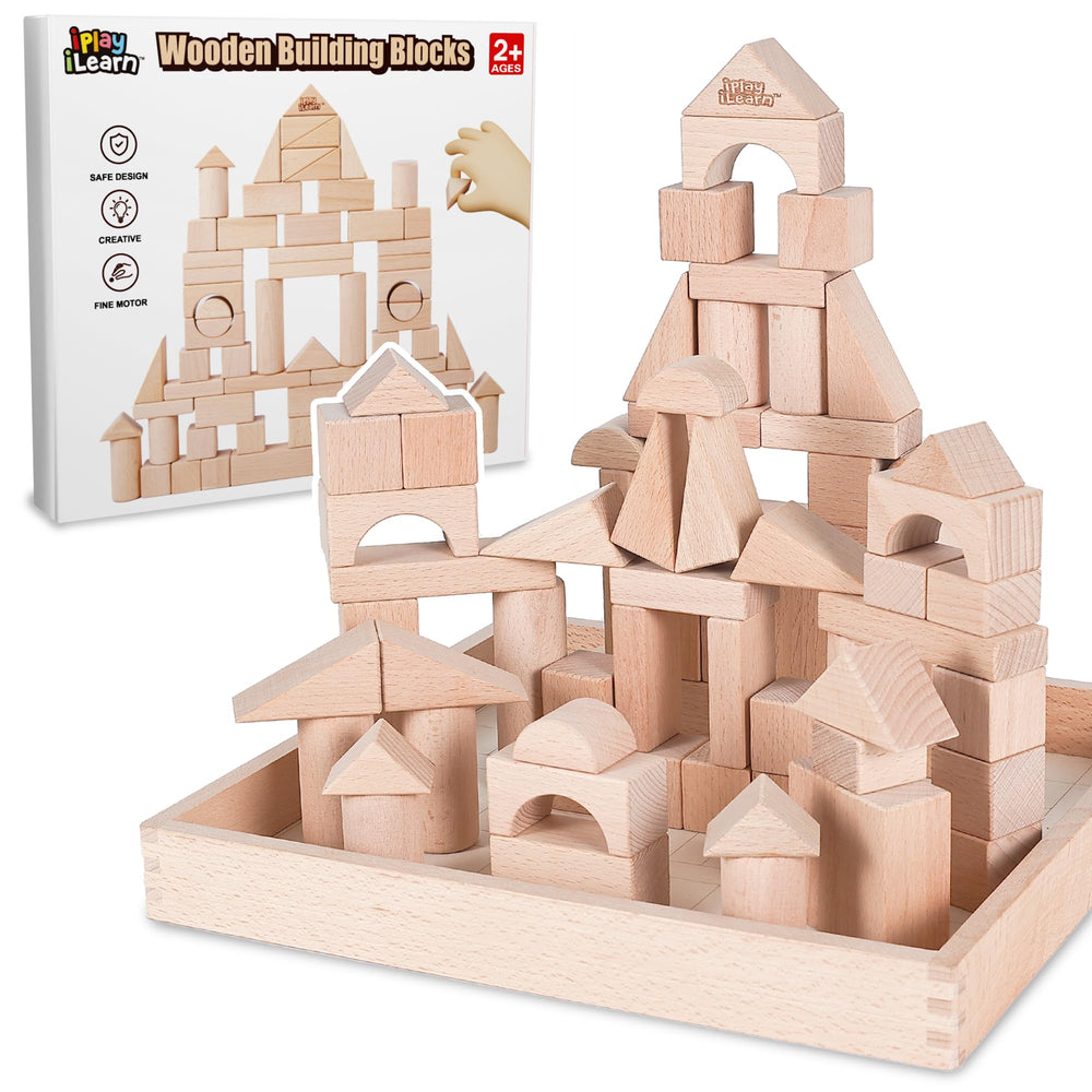 iPlay kid wooden block set with castle shapes for imaginative play and fine motor development.