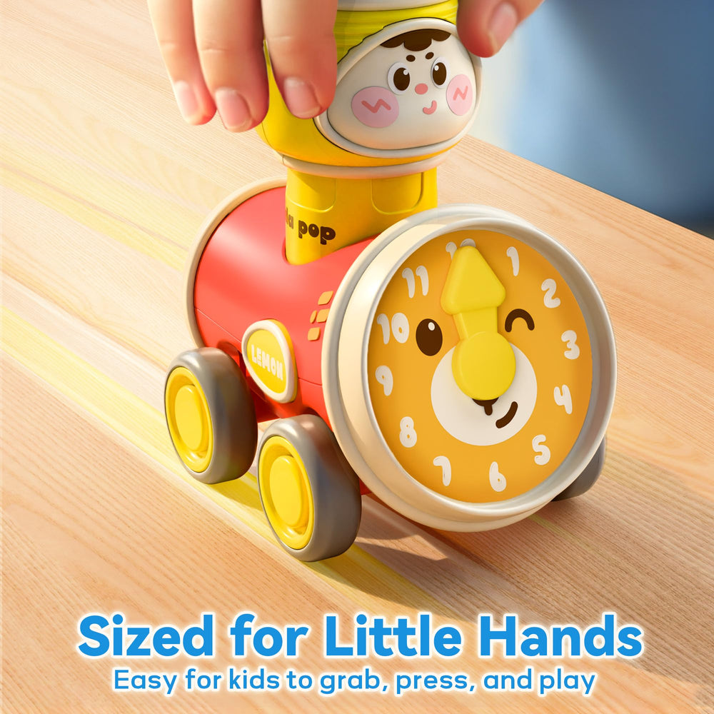 iPlay Press to Go Car clocks motif supports visual stimulation during play.