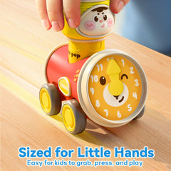 iPlay Press to Go Car clocks motif supports visual stimulation during play.