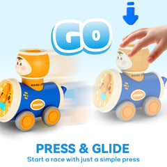 iPlay Press to Go Car front view with bright colors and clocks.