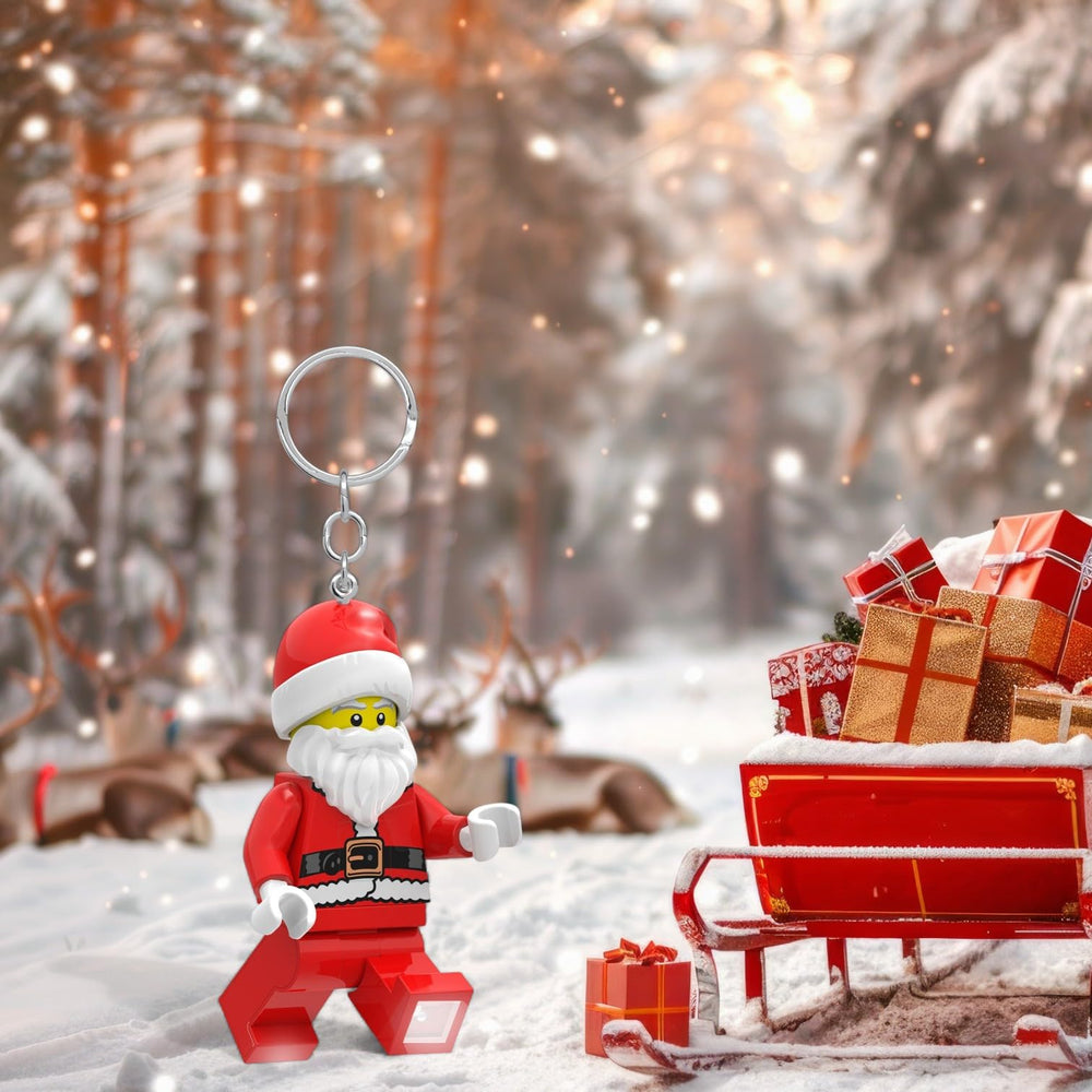 IQ LEGO Santa Keychain Light LED feet illuminated for easy night visibility on bags