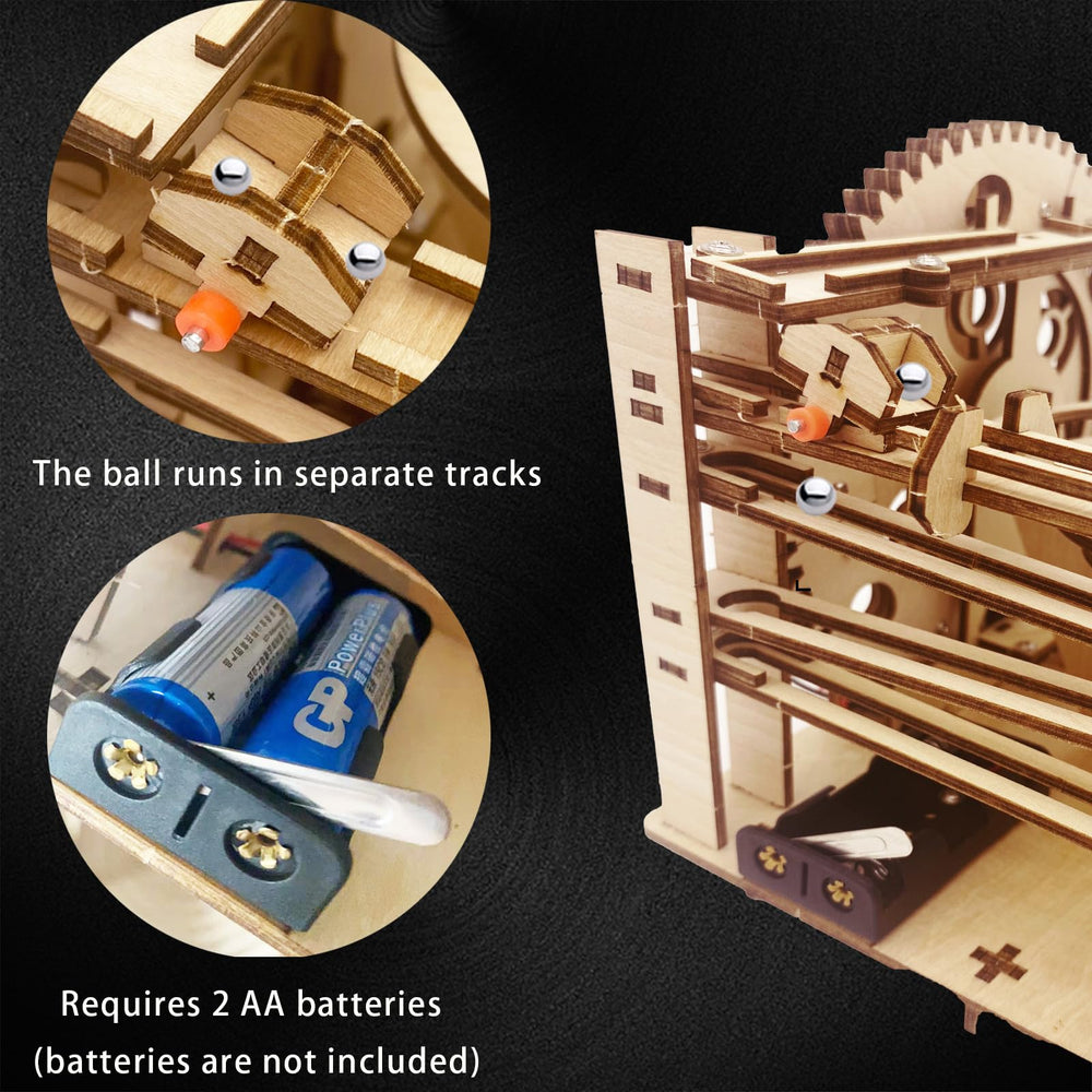IQIETOY 3D puzzle wooden marble run assembly closeup reveals clear illustrated steps