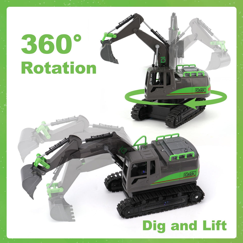 IQKidz RC digger side view showing easy control for sand play