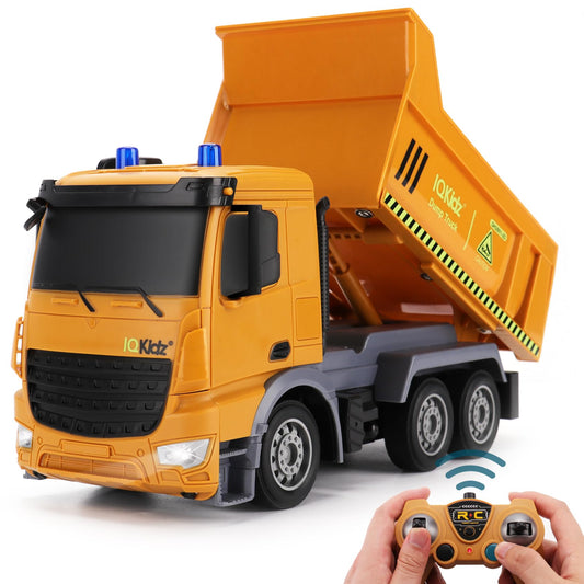 IQKidz RC dump truck with blue lights enhances night-time play and visibility.