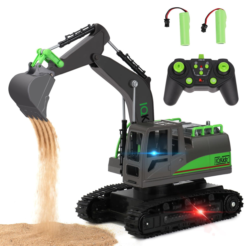 IQKidz remote control excavator base view highlighting durable rubber tracks for outdoor play